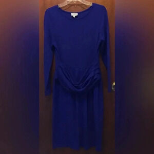 Woman PURE COLLECTION Blue V-Neck Gather Waist Jersey Dress Sz 8/10 EUC